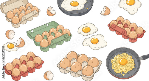 Illustration showcasing an assortment of raw eggs in cartons and cooked