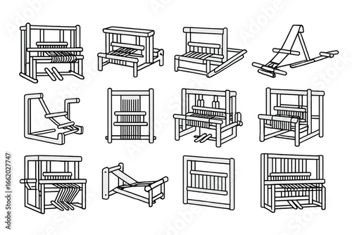 Loom Icons Collection. Line style icons of loom types: floor loom, table loom, rigid heddle loom, backstrap loom, inkle loom,