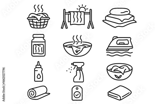 Fabric Finishes Icons. Line style icons of fabric finishes after dyeing: steam fix basket, sun dry rack, flat press stone, dye set