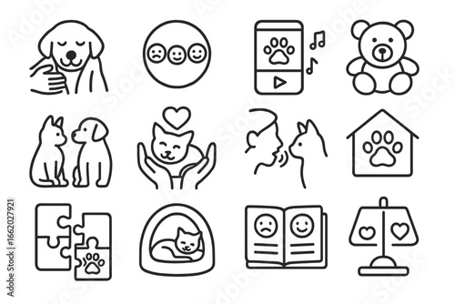 Emotional Care Icons. Line style icons of emotional care for rescued animals: comfort towel icon, emotional chart, calming music