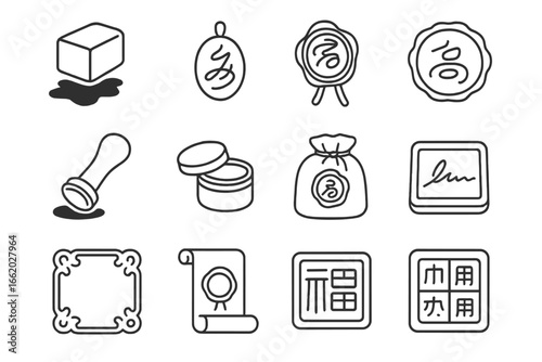 Calligraphy Stamps Icons. Line style icons of calligraphy stamps and seals: inked chop stamp, signature seal icon, wax stamp icon,