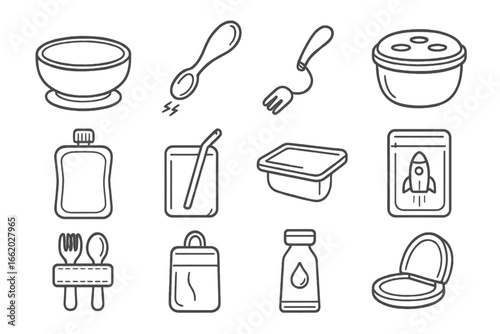 Zero-Gravity Utensil Icons. Line style icons of zero-gravity eating utensils: suction bowl, magnetic spoon, tethered fork,