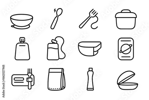 Zero-Gravity Utensil Icons. Line style icons of zero-gravity eating utensils: suction bowl, magnetic spoon, tethered fork,