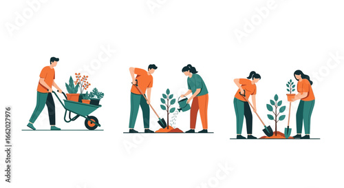 Depiction of three stages of planting trees performed by diverse volunteers