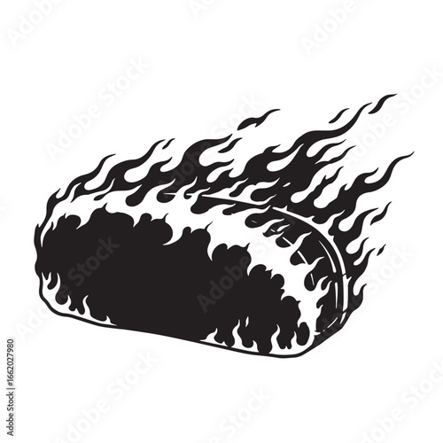 A vector illustration of a hockey puck engulfed in flames on a white background