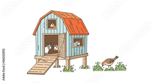 Whimsical farm animal abode with playful bovine inhabitants illustration