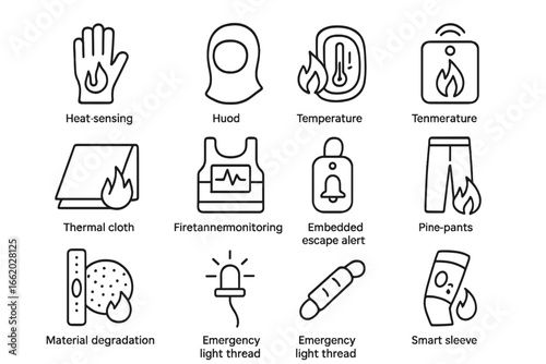 Fireproof Fabric Icons. Line style icons of fireproof smart fabrics: heat-sensing glove, flame-resistant hood, temperature alert