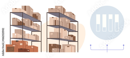 Inventory storage featuring stacked shelves filled with boxes, alongside a circular chart element. Ideal for logistics, supply chain, organization, stock management, shipping, analytics, and storage