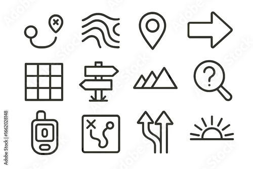 Geocaching Navigation Icons. Line style icons of outdoor navigation for geocaching: route marker, elevation lines map, waypoint