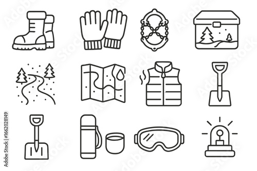 Winter Geocaching Gear Icons. Line style icons of winter geocaching gear: snow boots, insulated gloves, trail spikes, winter cache