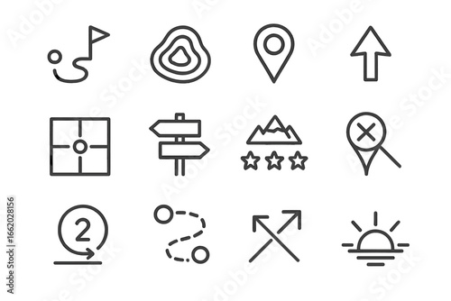 Geocaching Navigation Icons. Line style icons of outdoor navigation for geocaching: route marker, elevation lines map, waypoint