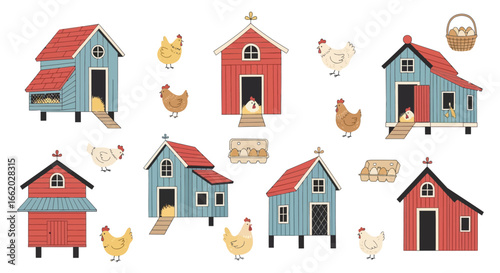 Whimsical farmyard scene featuring hen houses and chickens amid rural charm
