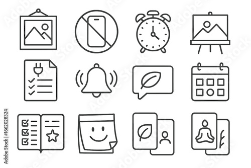 Digital Detox Icons. Line style icons of digital detox reminders: wall poster icon, phone-out sign, hourly chime symbol, unplug