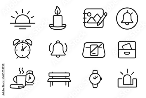 Unplug Habits Icons. Line style icons of unplug habits: sunrise routine icon, candle-lit evening, outdoor sketchbook, hobby time