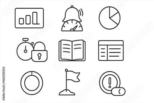 Line Style Limit Icons. Line style icons of digital limit trackers: bar graph usage card, red zone usage alarm, time-per-app pie