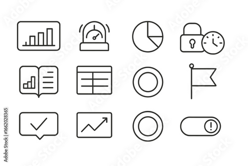 Line Style Limit Icons. Line style icons of digital limit trackers: bar graph usage card, red zone usage alarm, time-per-app pie