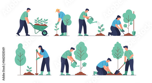 Illustrations presenting diverse people planting trees, engaging ecological