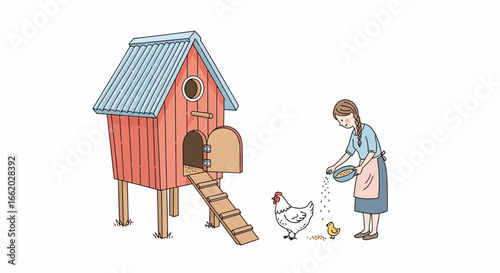 Illustrated scene of a woman feeding chickens near a charming chicken coop
