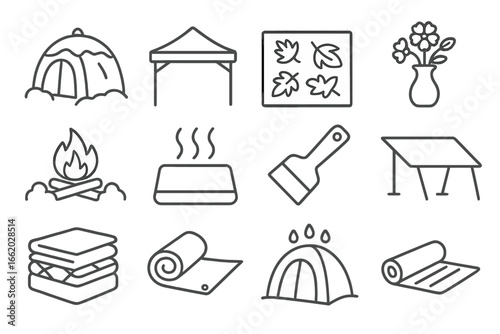 All-Season Glamping Icons. Line style icons of all-season glamping: snow tent icon, summer canopy, fall leaves rug, spring flower