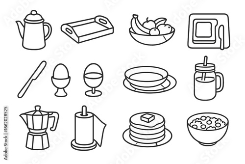 Glamping Breakfast Icons. Line style icons of glamping breakfast setup: enamel coffee pot, wooden tray icon, fruit bowl sketch,
