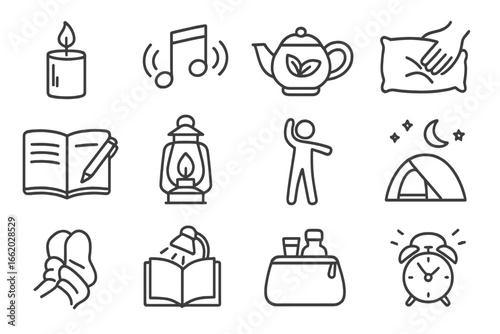 Glamping Evening Icons. Line style icons of glamping evening rituals: candlelight icon, gentle music icon, herbal tea pot, pillow