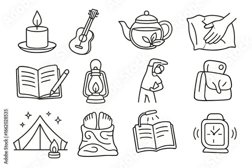 Glamping Evening Icons. Line style icons of glamping evening rituals: candlelight icon, gentle music icon, herbal tea pot, pillow