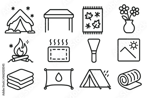 All-Season Glamping Icons. Line style icons of all-season glamping: snow tent icon, summer canopy, fall leaves rug, spring flower