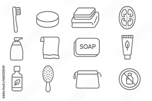 Eco-Friendly Toiletries Icons. Line style icons of eco-friendly toiletries: bamboo toothbrush, shampoo bar, reusable wipes,