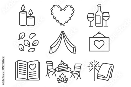 Romantic Glamping Icons. Line style icons of romantic glamping details: candle duo, string lights heart, wine and glasses, flower