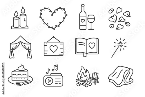 Romantic Glamping Icons. Line style icons of romantic glamping details: candle duo, string lights heart, wine and glasses, flower