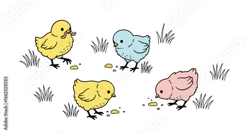 Illustrative charm of playful chicks foraging in a whimsical grassy meadow