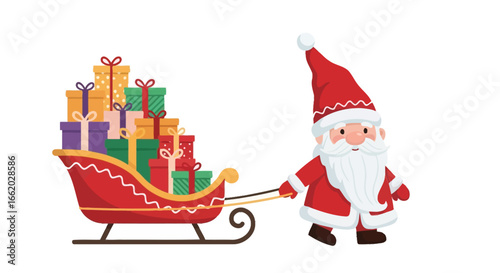 Joyful santa claus character pulling a sleigh full of colorful christmas