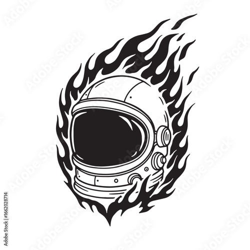 Astronaut helmet surrounded by flames burning design illustrating space exploration danger and adventure