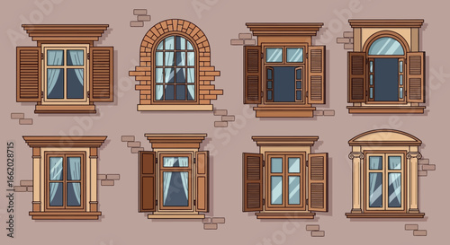 Variety of classic windows illustration with decorative elements and shutters
