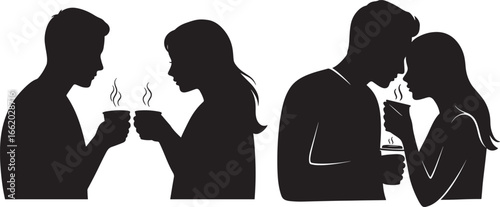 Happy loving couple with warm drinks silhouette vector