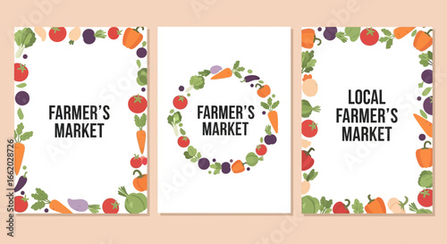 Vibrant vector designs promoting farmer's market with fresh produce borders