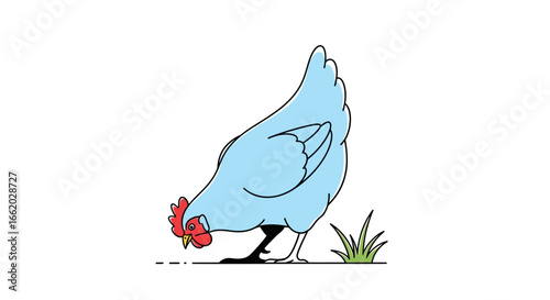 Whimsical azure hen pecking forage in minimalistic lawn graphic depiction