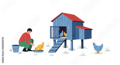 Illustration of a poultry farmer feeding chickens near a blue wooden hen house