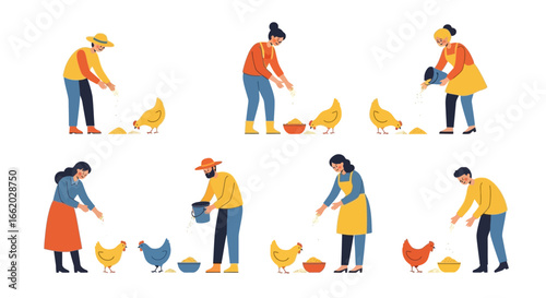 Delightful depiction of diverse individuals feeding charming domestic chickens