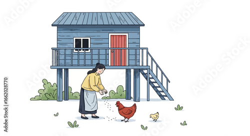 Hand-drawn illustration of woman feeding chickens near a quaint stilt house