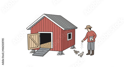 Stylized illustration depicting a farmer tending to his chicken coop scene