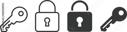Key and lock icons, security symbols, access control, locked padlock, unlock symbol, safety concept, secure access, keyhole graphics, protection icons, 