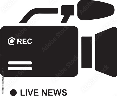 Media news related icon vector art of black silhouette of a professional video camera on isolated background