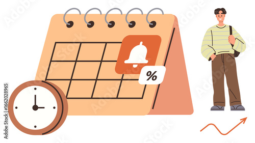 Desk calendar with alarm notification and percentage symbol next to clock and person in casual attire. Ideal for productivity, scheduling, deadlines, appointments, reminders, personal organization