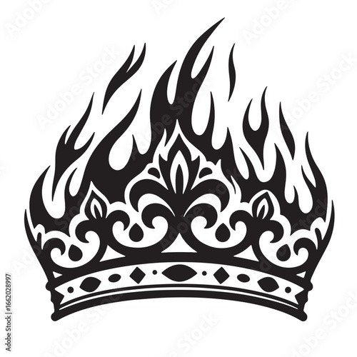 Black and white burning crown design depicting royal power and symbolic imagery