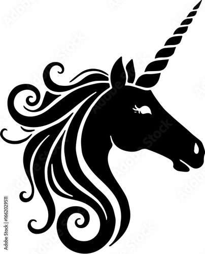 A black elegant unicorn silhouette vector illustration with flowing mane and spiral horn. The design features a graceful, mythical unicorn head in flat vector style on a light gradient background