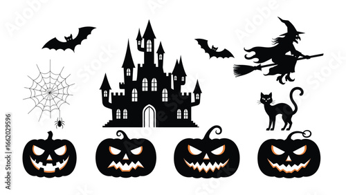 Spooky Halloween Collection: A collection of eerie Halloween icons, including a spooky castle, flying bat, wicked witch, spooky pumpkin, and a black cat.