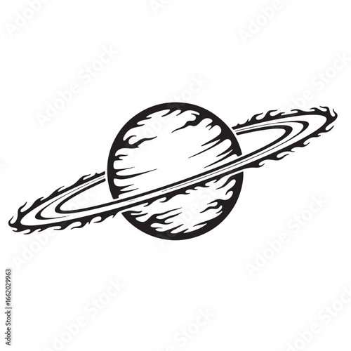 Black and white illustration of the planet saturn with its distinct rings in minimalistic art