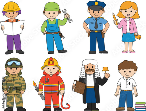 Cartoon children dressed as professionals, educational career roles, kids in job uniforms, diverse occupations illustration, future dream job concept
