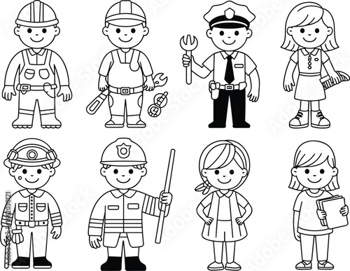 Cartoon children dressed as professionals, educational career roles, kids in job uniforms, diverse occupations illustration, future dream job concept